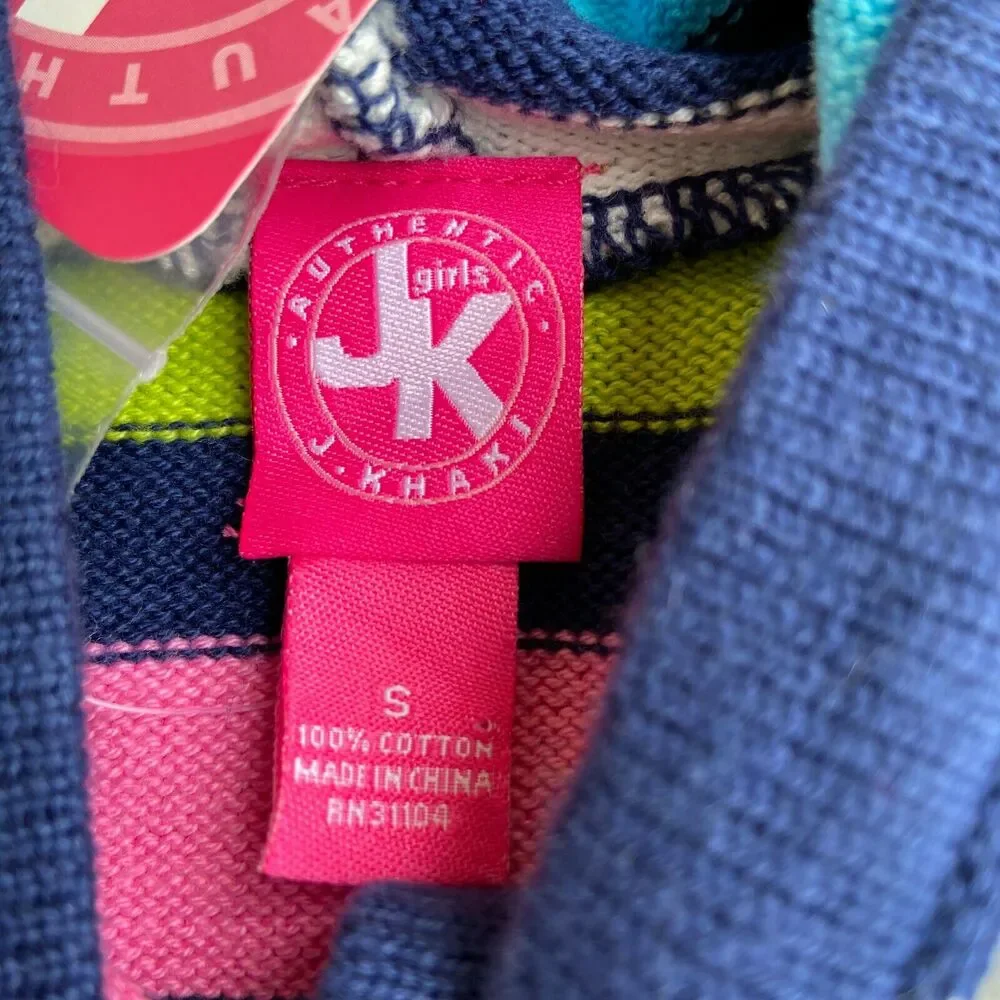J. Khaki Girls Dress‎ Size Small Striped Hoodie Sweater Navy Blue Lime Pink NEW